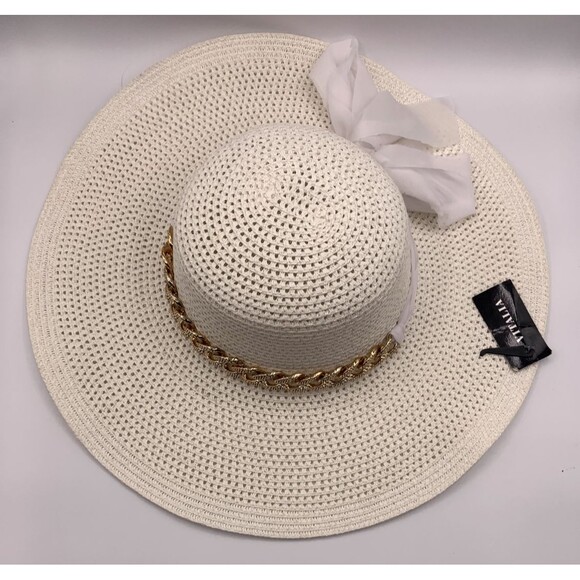 Poly/Paper Wide Brim White Straw Hat Gold Chain and Bow Band One Size - Picture 1 of 4